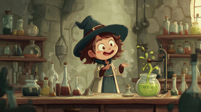 Cartoon witch girl in lab making a potion, surrounded by bottles and stone walls