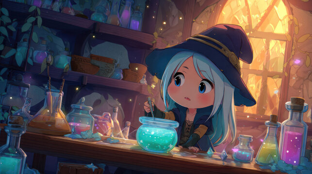 Cartoon witch stirs glowing potion in cluttered workshop with window light