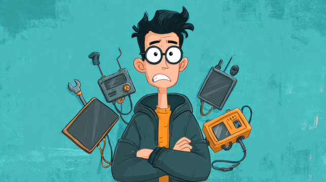 Cartoonish tech support guy overwhelmed by floating gadgets on a textured blue bg