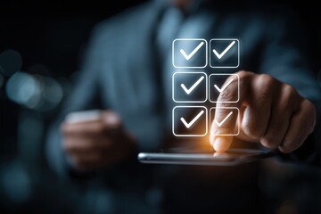 Online Checklist Mobile Device Task Management Digital Verification Process Completion Approval Confirmation Tick Marks Digital Checkmarks Businessman using Mobile App Interface