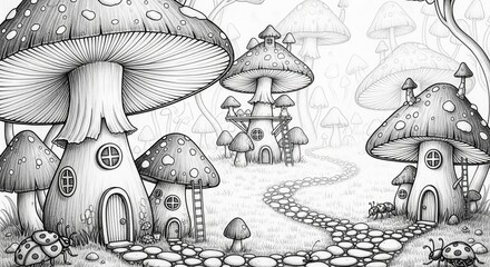 Whimsical fantasy mushroom village with intricate details and a winding cobblestone path leading to a castle