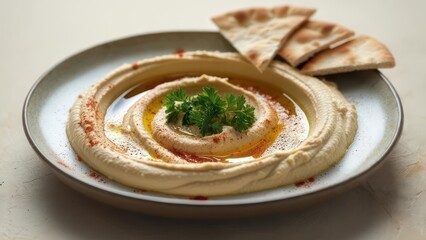 Delicious creamy hummus drizzled with olive oil and paprika, served with pita bread slices on a rustic plate