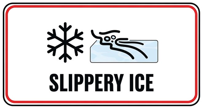 Slippery ice warning sign caution hazard snowflake winter frozen surface danger safety alert cold risk