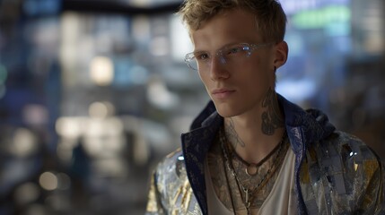 Augmented character walking through holographic city streets with reactive neon tattoos, smart lenses projecting data overlays, symbolizing technological harmony, digital intelligence, and