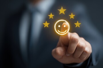 Customer Satisfaction Experience Feedback Concept Hand Touching Happy Smiley Face Icon With Five Stars Rating Corporate Assessment Service Business Goals Marketing