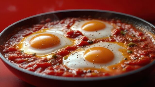 Delicious shakshuka with perfectly cooked eggs in a rich tomato sauce, ready to serve and enjoy