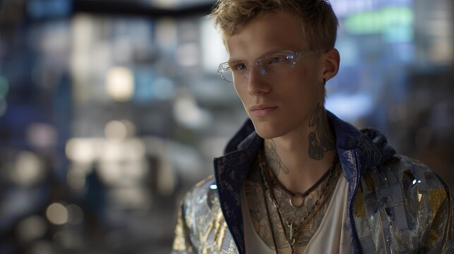 Augmented character walking through holographic city streets with reactive neon tattoos, smart lenses projecting data overlays, symbolizing technological harmony, digital intelligence, and - Powered by Adobe