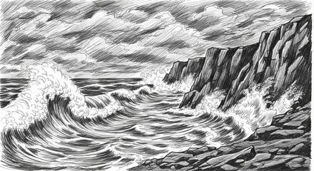 Dramatic black and white illustration of powerful ocean waves crashing against a rugged rocky cliff under a stormy sky