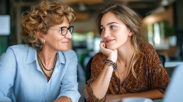 Senior woman discussing options with financial advisor while sitting in the office together, under soft office light, highlighting professional dialogue and focused expressions, se