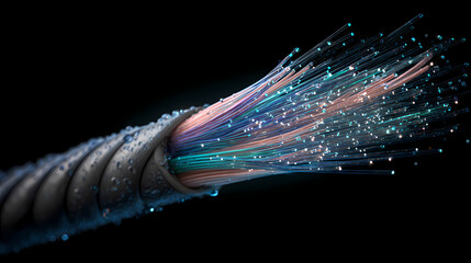 High-tech fiber optic cables with a dark, dynamic backdrop and illuminating sparks. Captivating the complexities of advanced communication