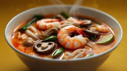 Enjoy spicy Tom Yum soup with fresh shrimp and mushrooms, perfect for a cozy and delicious meal