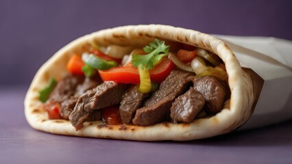 Delicious gyro featuring juicy sliced beef, fresh tomatoes, and onion on warm pita bread today