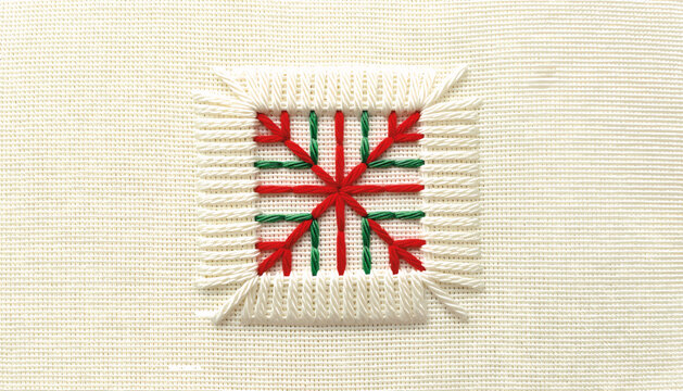 Geometric needlepoint pattern illustration. Red and green star motif on canvas. Vector design for handmade crafts and holiday themes