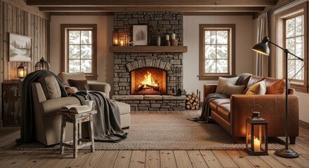 Cozy Winter Cabin Interior with Fireplace, Warm Lighting, and Snow View.