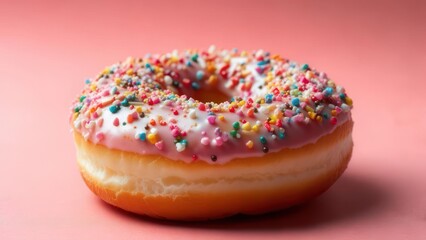 Indulge in a sweet treat with this vibrant sprinkle donut against a playful pink background