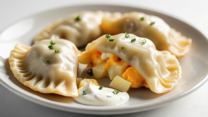 Savor delicious pierogi dumplings with creamy sour cream and fresh chives for a comforting meal