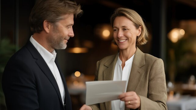 Agent handing brochure to potential buyer in a staged dining area, emotion of professionalism and engagement visible, symbolizing modern property marketing, client relationship building, and