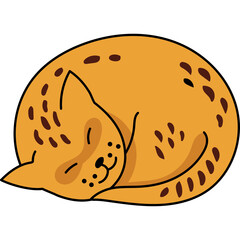 Cute cartoon orange cat with brown spots sleeping curled up in a ball with closed eyes and a smiling face on a transparent background