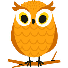 Cute Cartoon Owl Perched on a Branch with Big Expressive Eyes and Orange Plumage Detailed Feathers Isolated on Transparent Background
