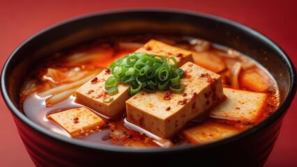 Spicy tofu soup simmering in a black bowl with vibrant green onions on top ready to be eaten