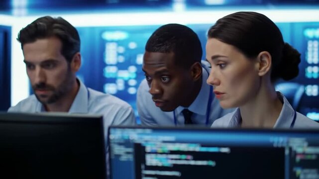Diverse Team of IT Professionals Working in a High-Tech Control Room with Multiple Screens Displaying Data and Code.