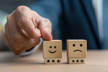 Customer Feedback Review with Wooden Blocks Showing Happy and Sad Faces with Star Ratings on a Table with a Man Evaluating His Experience with Product and Service Quality