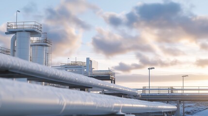 Industrial cryogenic plant with pipes, tanks, and frost-covered surfaces, emotion of technical expertise visible, symbolizing large-scale gas liquefaction, chemical industry innovation, and