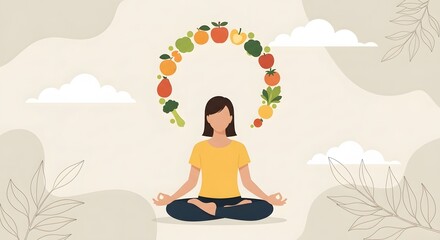 Woman meditating with healthy food circle above her head