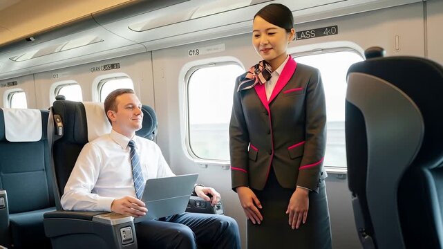 新幹線・グランクラス　アテンダントと外国人ビジネスマン