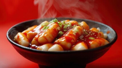 Enjoy delicious, spicy tteokbokki with vibrant gochujang sauce and fresh green onions for a treat