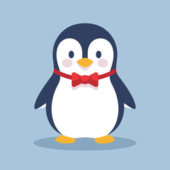 Naklejka premium Cute Cartoon Penguin Wearing a Red Bow Tie on a Light Blue Background.