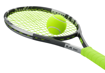 Isolated tennis racket with neon yellow strings and a matching tennis ball, angled view