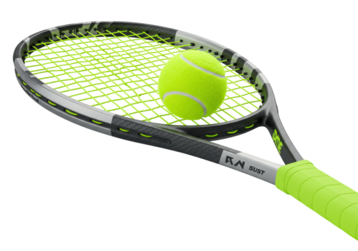 Isolated tennis racket with neon yellow strings and a matching tennis ball, angled view