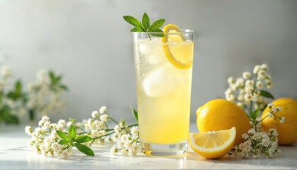 Fototapeta premium Elderflower cordial drink, ice, lemon, mint in tall glass. Sparkling refreshing summer beverage on clean marble counter. Fresh whole lemons, white elderflowers decorate. Natural, healthy, cool liquid