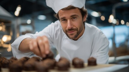 Professional pastry chef inspecting freshly molded chocolates in a large-scale confectionery factory, emotion of care and creativity visible, representing artisanal confectionery, quality control,