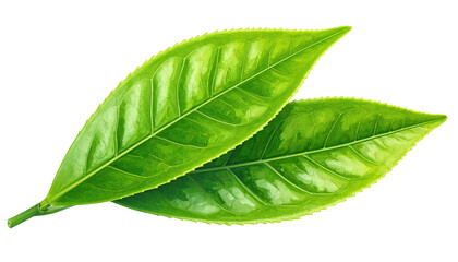 Fototapeta premium Two vibrant green tea leaves with detailed veins, illuminated against a stark black background