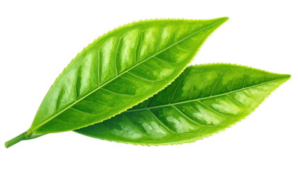Two vibrant green tea leaves with detailed veins, illuminated against a stark black background