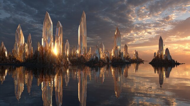 Crystal city reflecting on calm waters at sunset