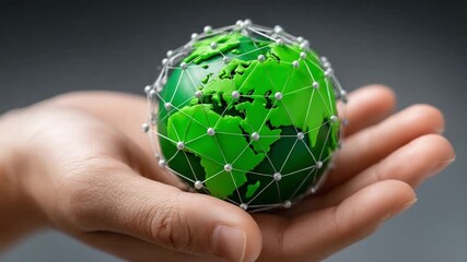 Global Connectivity in Hands: A hand tenderly cradles a globe intricately connected by a web of networks, symbolizing the delicate balance of our planet and the power of global connectivity. - Powered by Adobe