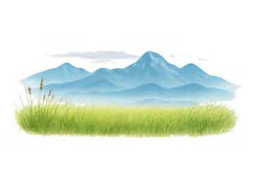 Watercolor painting depicting a vibrant green meadow and blue mountain peaks with clouds, ideal for nature-themed projects