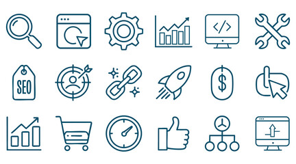 Set of SEO and digital marketing line icons including search, analytics, web optimization, link building, rocket launch, and website development vector