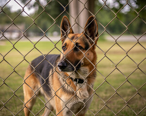 Loyal German Shepherd patiently waits behind fence, longing for freedom and companionship in a park setting
