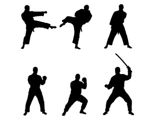 Silhouetted Martial Artists in Action Dynamic Poses and Weapons in Black Against White Background