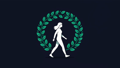 Woman walking inside a green laurel wreath. Minimalist flat design vector illustration. Health, wellness, and achievement concept