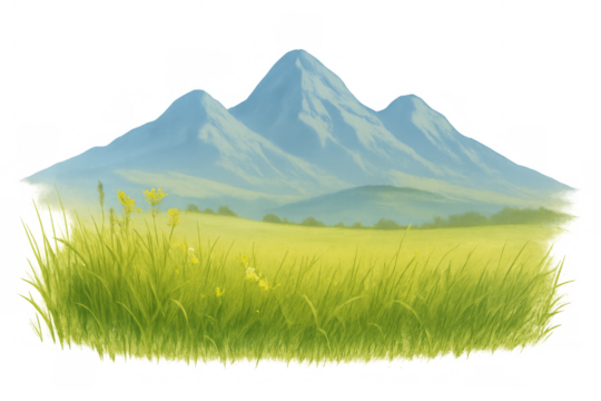 Green grass meadow landscape with mountains and hills, spring nature drawing illustration, transparent background