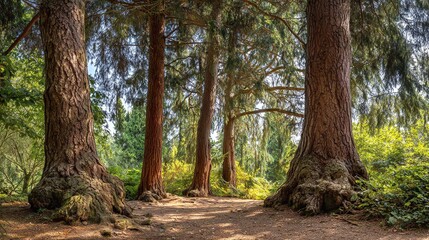 Obraz premium Forest Pathway: Sunlight filters through tall trees in a tranquil forest, creating a scenic path for exploration, showcasing natural beauty and serenity.