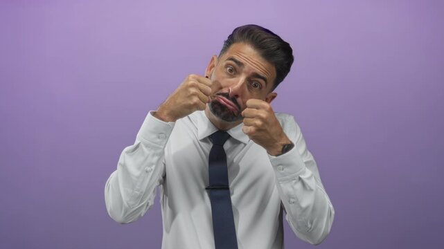 Hispanic man in white dress shirt and navy tie pulls cheeks with fists and squints eyes in studio; stress tension.