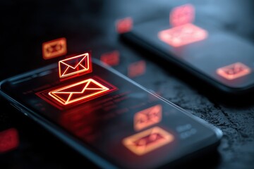 Close-Up of Mobile Phone Screens Displaying Glowing Red Envelope Icons: Digital Communication, Alert Systems, and Cyber Security Themes on Modern Devices