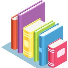 A Row Of Colorful Books Standing On A Blue Surface With A Transparent Background In An Isometric View With Detailed Spines And Covers