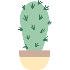 A simple cartoon cactus in a pot with a transparent background, depicting a green plant with yellow and brown pot elements, offering a minimalist aesthetic for design.